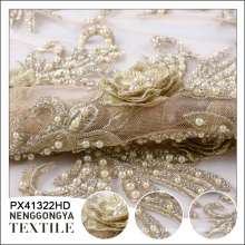 Oem Polyester Stickerei Kristall Perlen Gold Spitze Stoff für Kleid